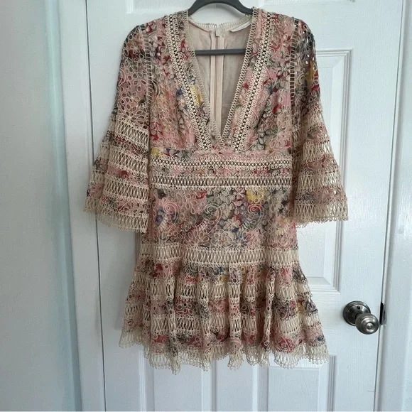 Zimmerman A Line Dress w Crochet Mesh Detailing and Beige w pink & purple Sz 6 - Picture 7 of 11